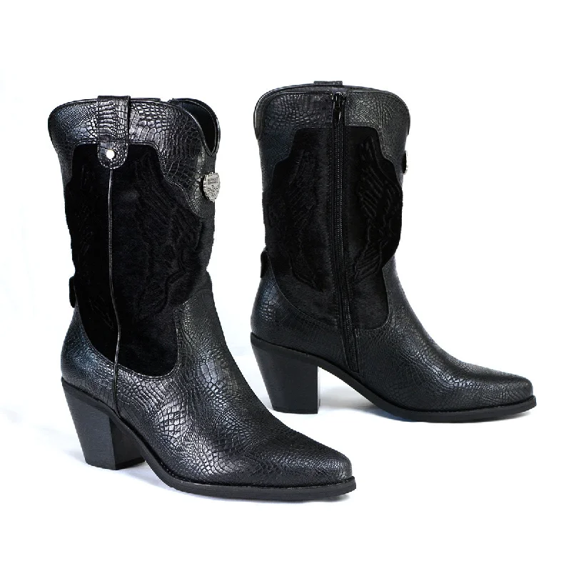 Luxury Style Milwaukee Leather Women's Black Western Style Fashion Boots with Black Snake Print MBL9441 Luxury Style Milwaukee Leather Women's Black Western Style Fashion Boots with Black Snake Print MBL9441