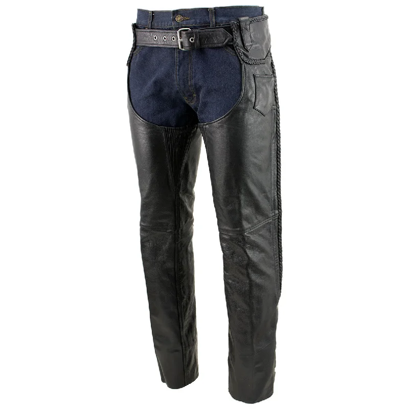 Street Cool Xelement B7555 Men's Black Classic 'Braided' Elastic Fit Leather Chaps