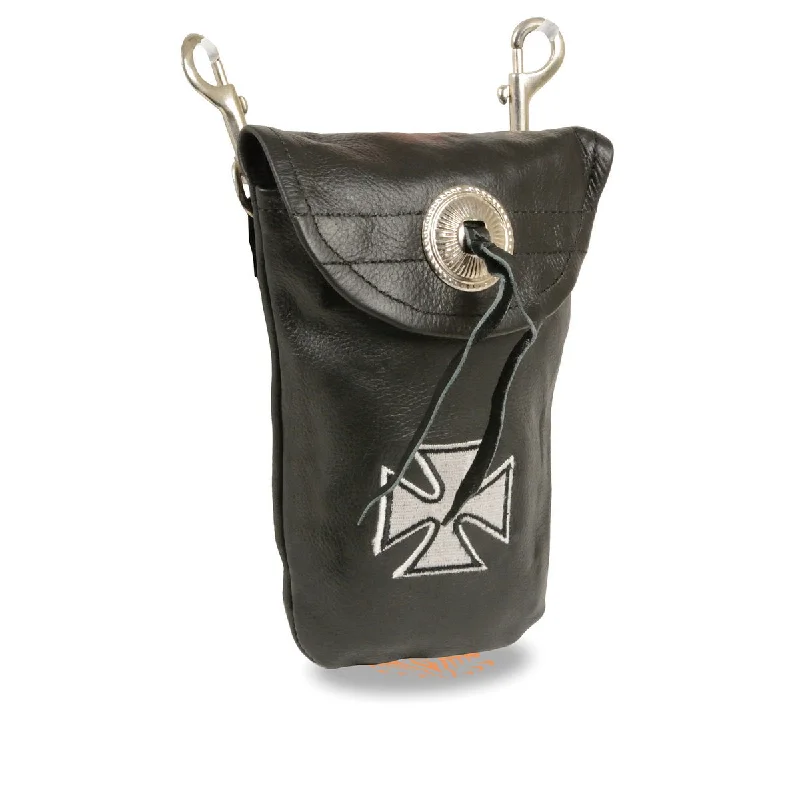 Embroidery Design Milwaukee Leather SH506EC Unisex Black Leather Belt Bag with ‘Iron Cross’ Embroidery Embroidery Design Milwaukee Leather SH506EC Unisex Black Leather Belt Bag with ‘Iron Cross’ Embroidery