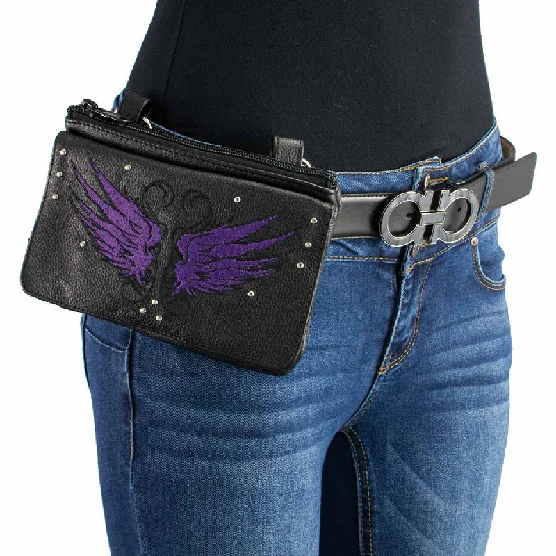 Ultra-lightweight Milwaukee Leather MP8850 Ladies Leather 'Winged' Black and Purple Multi Pocket Belt Bag Ultra-lightweight Milwaukee Leather MP8850 Ladies Leather 'Winged' Black and Purple Multi Pocket Belt Bag
