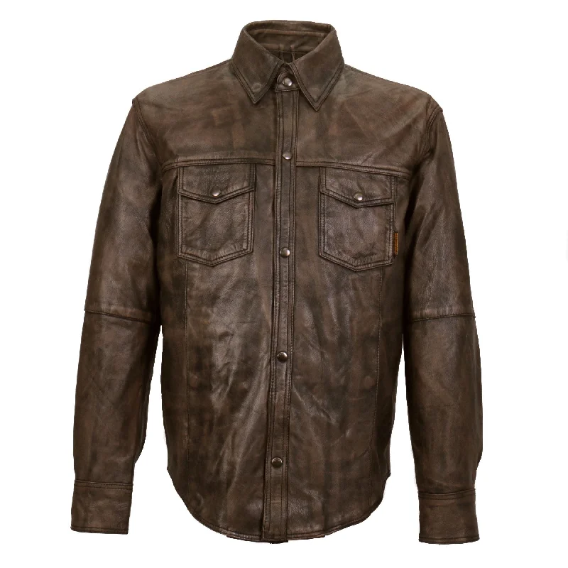Modernism Hot Leathers LCS1004 Men's Distressed Brown Leather Fashion Shirt with Multiple Pockets Modernism Hot Leathers LCS1004 Men's Distressed Brown Leather Fashion Shirt with Multiple Pockets