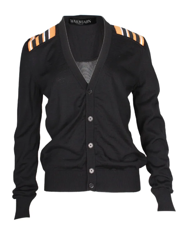 Personalized Clothing Balmain Stripe Detail Cardigan in Black Wool