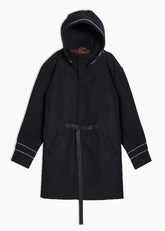 Casual Chic Wear Men's Wool Blend Hooded Coat with Reflective Piping In Black