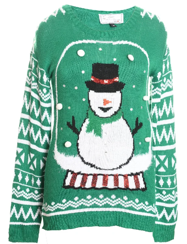 Thin Design Green & White Snowman Design Knit Jumper - L