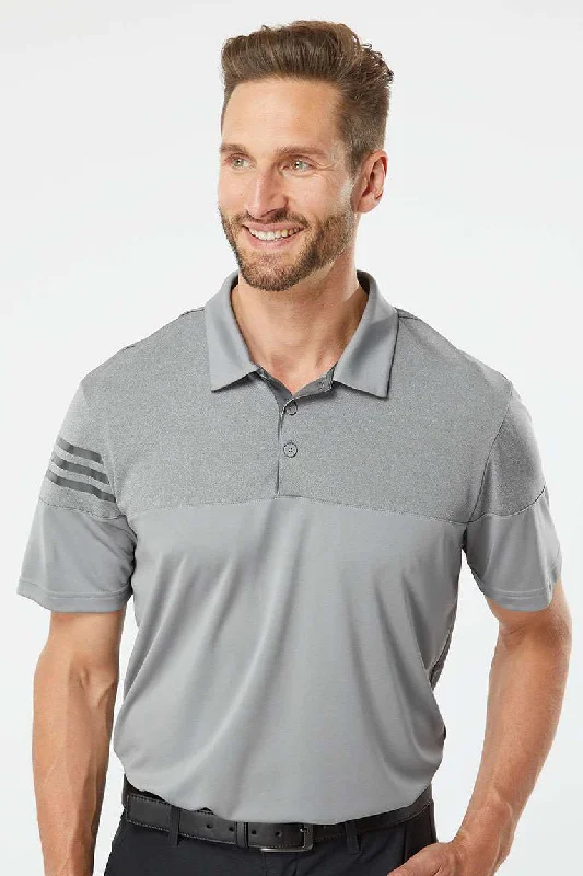 Goddess Style Adidas Mens 3 Stripes Colorblock Moisture Wicking Short Sleeve Polo Shirt - Grey